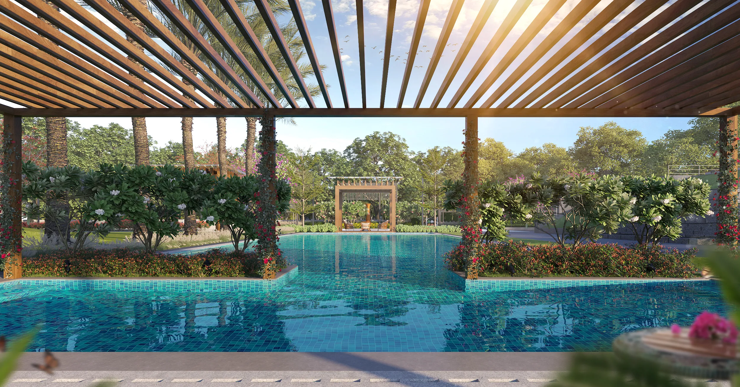 DLF The Aureva — Pergola Pool Deck